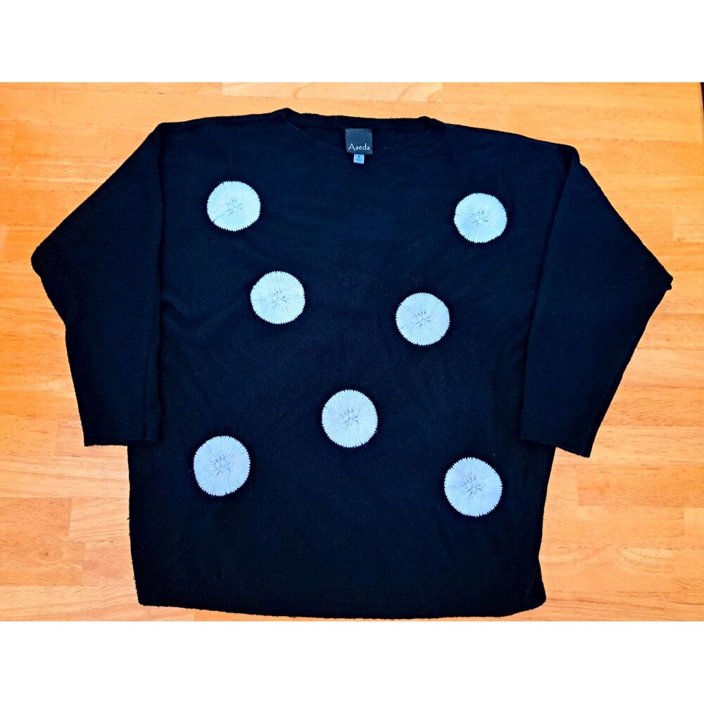 Aaeda Women's Black Knit Top Sweater White Polka Dot Embroidered Crew Neck S